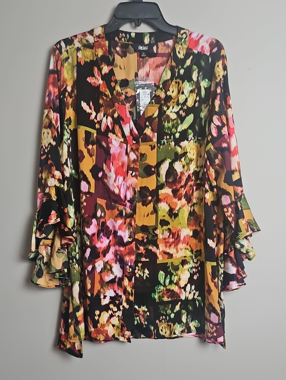 Slim Factor 3/4 Ruffle Sleeve V-neck Button Front Satin Top: Multi Color: XL